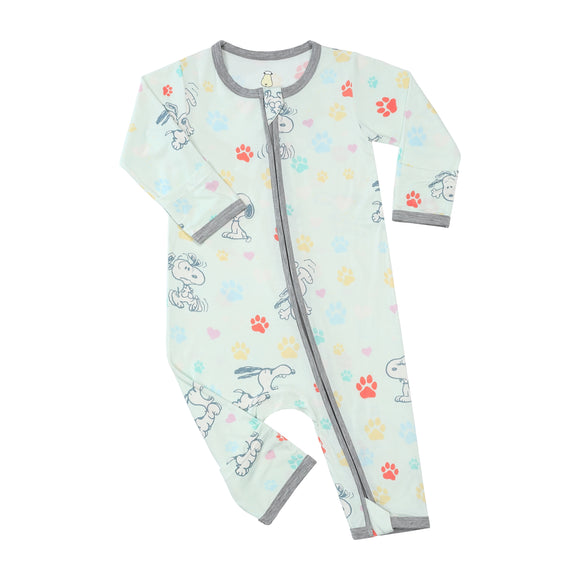 史努比雙拉鍊長袖連身衣(彩色腳印綠底)