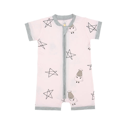 粉色星星羊短袖雙拉連身衣